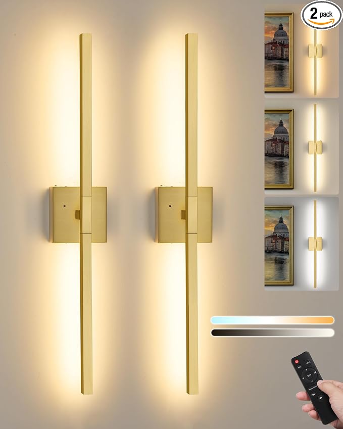 Rayogale Gold Battery Operated Wall Sconces with Remote Control, 32 Inch | 3000/4500/6000K Dimmable 8000mAh Rechargeable Battery Wall Sconces Set of Two with Timer for Living Room, Bedroom