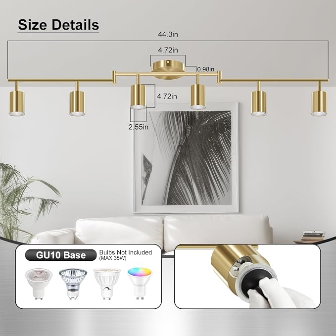 AUQUEE 6 Light Track Lighting Fixtures Ceiling, Gold Kichen Track Lighting Fixtures with Rotatable Light Heads, Foldable Lamp Arms, Modern LED Track Lights for Kitchen/Hallway, No GU10 Bulb