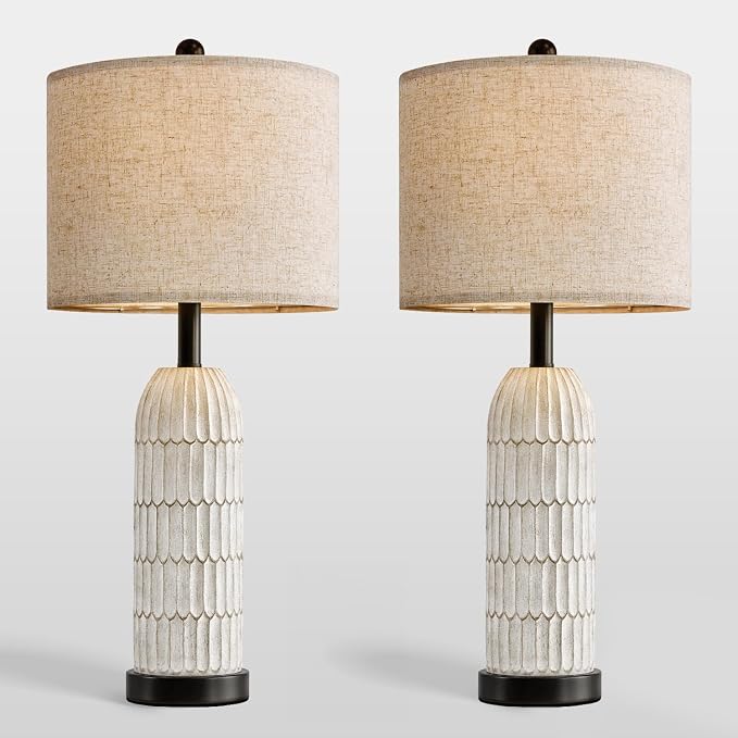 26.5" Bedside Table Lamps Set of 2, Farmhouse Table Lamp with USB A+C Charging Ports,Vintage Nightstand Lamp for Bedrooms and Living Rooms, Retro Resin End Table Lamp with Linen Shade,Black