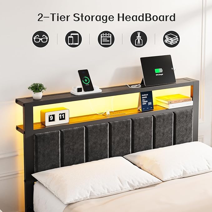 OLEVS Full Size Bed Frame with LED Lights & Charging Station, Modern Platform Bed with Upholstered Storage Headboard, No Box Spring Needed Easy Assembly