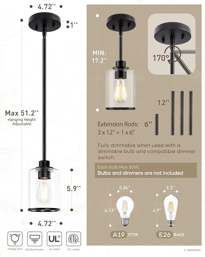 Beionxii Single Pendant Lights Kitchen Island, Clear Glass Pendant Lights | Black Finish with Rods, E26 Base, UL Listied, Adjustable Hanging Height for Living Dining Rooms Bedrooms Foyers, BX-PL02MB+R