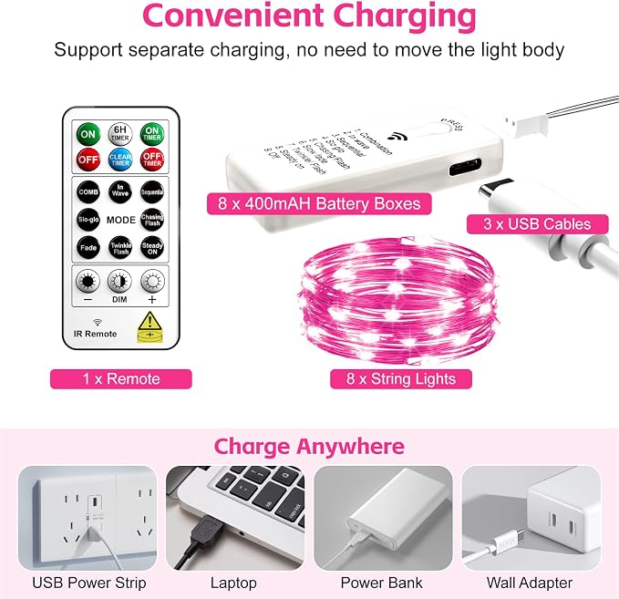 8 Pack Rechargeable LED Fairy Lights 7Ft 20LED Battery Operated | 8 Modes, Remote & DIY Timer Mini Twinkle String Lights for Indoor Christmas Wedding Mason Jar Bedroom Table