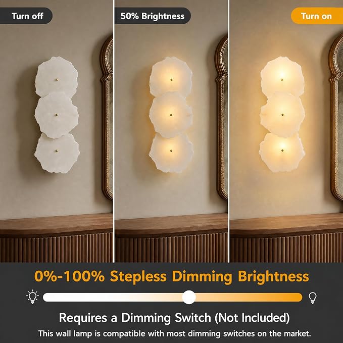 Alabaster Wall Sconce, 3-Light Irregular Spanish Natural Marble Sconces, Brushed Gold Hardwired Stone Wall Sconce, Dimmable Modern Indoor Wall Light for Bathroom Vanity, Living Room, Hallway(1 Pack)
