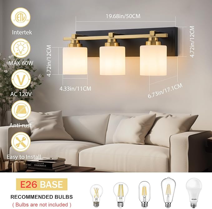 Modern Bathroom Light Fixtures Over Mirror, Vanity Lights for Bathroom Wall Sconces with Milky White Glass Shades, E26 Socket (Bulbs Not Included), 3 Light, Black Gold
