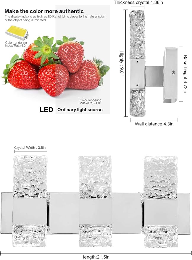 Modern LED Bathroom Vanity Light Fixtures Chrome Stainless Steel 3 Light Wall Sconces for Bathroom Lighting Fuxture Over Mirror 21.5Inch 30w LED Crystal Wall Light Cool White 5800k