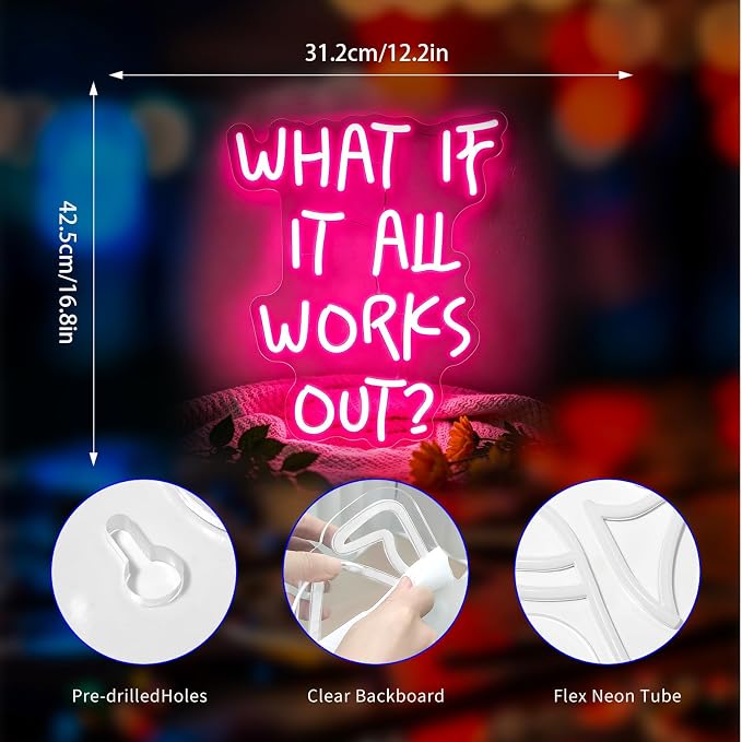 Neon Sign, Neon Signs for Wall Decor LED Signs Neon Light | What If It All Works Out Neon Sign, Pink Motivational LED Light for Home, Office, Room, Pink Decor, Gift, USB Powered