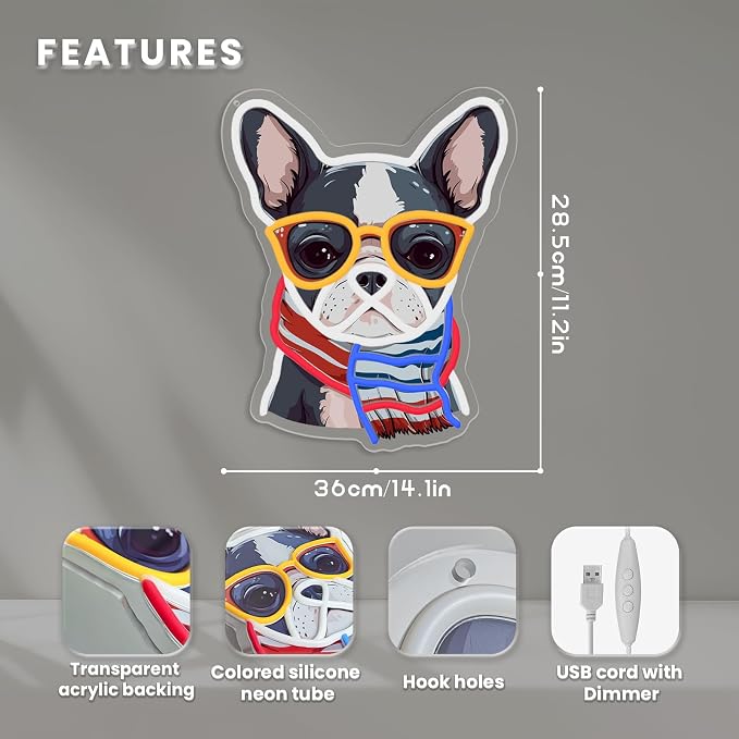 French Bulldog Neon Sign, Bull Dog Led Sign for Wall Decor, Usb Powered Adjustable Brightness Frenchie Wearing a Scarf Led Light for Bedroom Pet Rooms Bar Pub Party Decor, Unique Gift