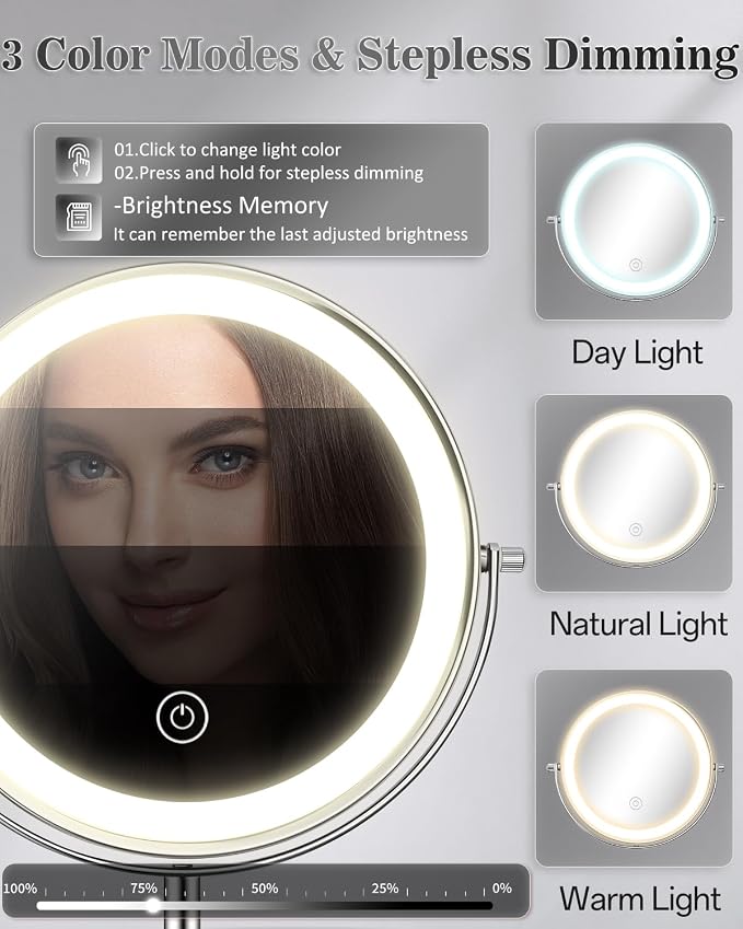 1X/30X 8" Magnifying Makeup Mirror with Lights Height Adjustable for Desk | 3000mAh Rechargeable Lighted Magnifying Mirror Double Sided Vanity Mirrors with 3 LED Lighting Touch Dimmable for Women Gift