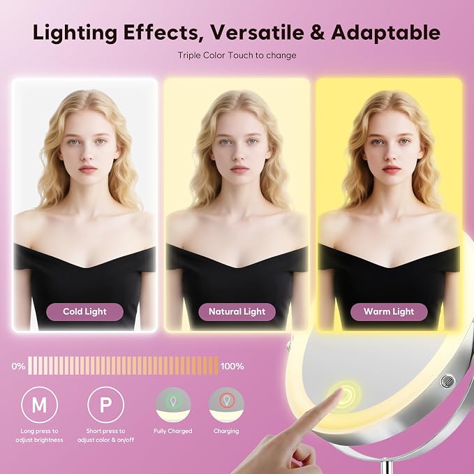 1X/30X Makeup Mirror with Lights, Brightness Adjustable with 3 Colors, Double Sided Magnifying Mirror with 360° Rotation, Lighted Makeup Mirror with Magnification, Ideal Gift for Women