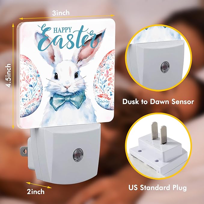 Happy Easter Eggs Rabbit Night Light,Night Light Plug into Wall with Dusk to Dawn Sensor Cute Nightlight for Women Men Boys Girls Room,Hallway,Nursery,Kitchen,Stairs,Bathroom,Bedroom Decor