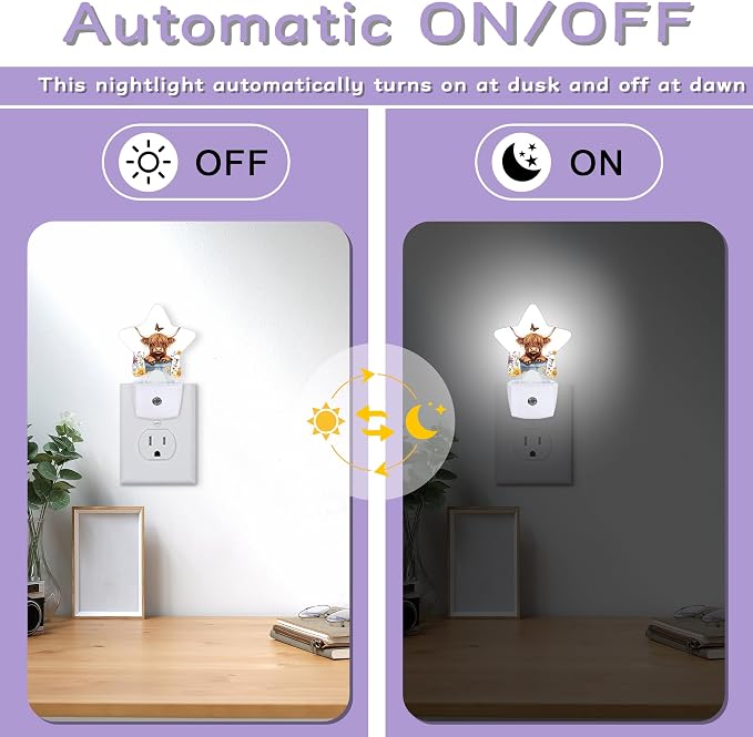 Night Light,Highland Cow Night Lights Plug into Wall Butterfly Flowers Decorations for Bedroom Bathroom,Dusk to Dawn Sensor Kitchen Hallway Stairs Energy Efficient Desk Lamp