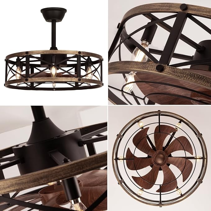 SHLUCE 22 Inch Farmhouse Fandelier Ceiling Fan with Light, ETL Listed | Remote Controlled, Rustic Caged Design, Quiet Operation, Energy Efficient, Indoor Ceiling Fan for Kitchen & Living Room Use
