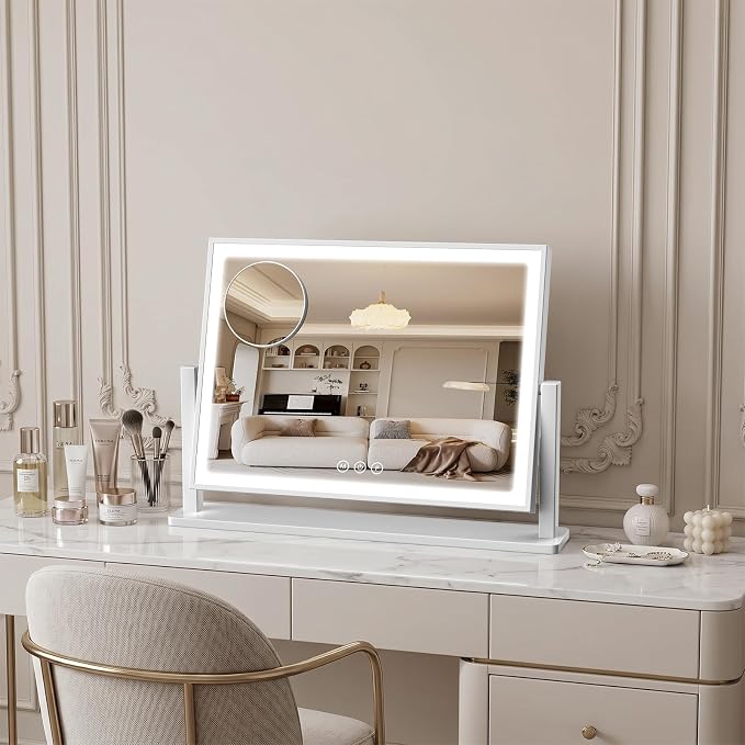 Vanity Mirror with Lights, 17"×12.2" LED Makeup Mirror, Rounded Frame, 10X Magnification, Smart Touch with 3-Color Lighting, Dimmable, 360° Rotation, Lighted Up for Makeup Desk, Bedroom (White)