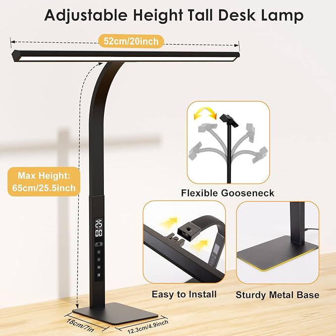 LED Desk Lamp for Office Home: Pomodoro Timer Table Light with Base 1600 Lumen Bright - 5 Color Stepless Dimming for Reading Study Drafting