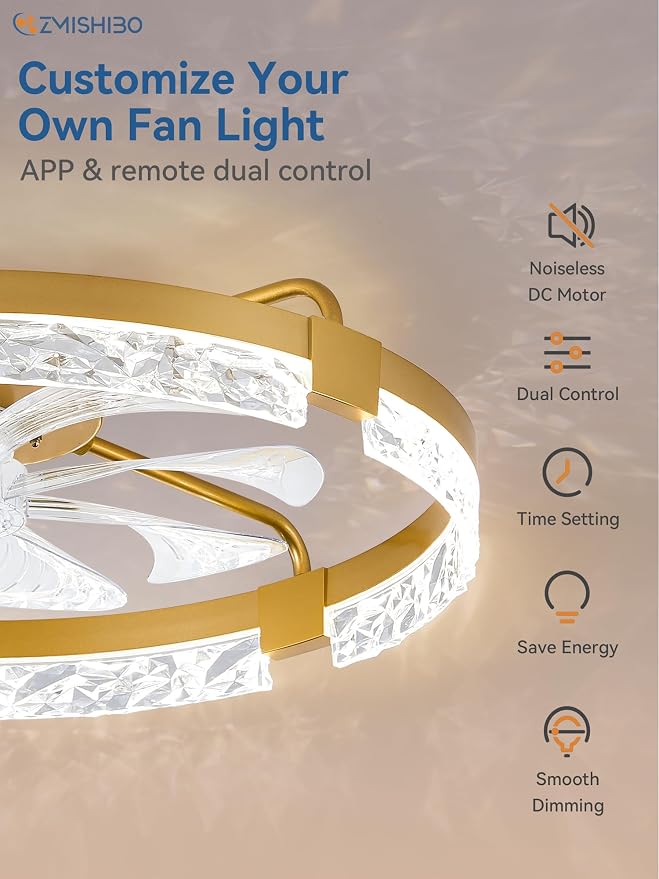 ZMISHIBO 24 Inch Ceiling Fans with Lights, Flush Mount Remote & App Control | 3CCT Dimmable LED, DC Motor, Bladeless, Reversible Blade, 6 Speeds, Modern, Low Profile, Enclosed, Bedroom, Kids, Girl, Adult