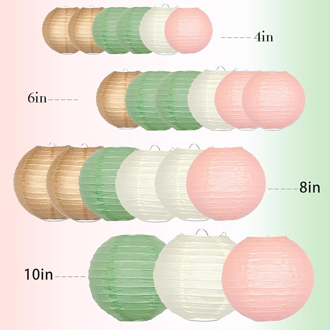 21-Pack Pink, Sage Green & Brown Paper Lanterns, Pastel Party Decor | Round Hanging Set for Woodland Birthdays, Baby Showers, Bridal Events, Boho Weddings, Classroom & Office Decor