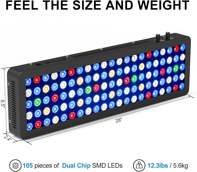 Wills Aquarium Light, 200W Full Spectrum LED Reef Lights, 28"x8.5"x2.4" | For Coral Saltwater Fish Tank, Blue/White Dual Dimmable Channels, 105 Premium SMD LEDs, Daisy Chain Design, Hanging Kit
