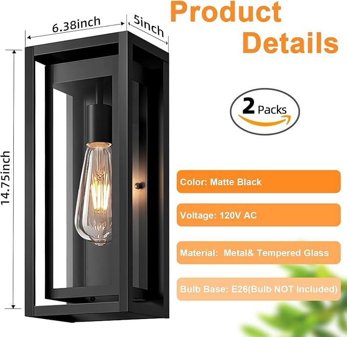 15" Outdoor Wall Lights, Black Exterior Lighting Fixtures, 2 Pack | Large Size, Anti-Rust, Waterproof, Tempered Glass, Easy Installation, Modern & Classic Outdoor Sconces for House Porch Garage