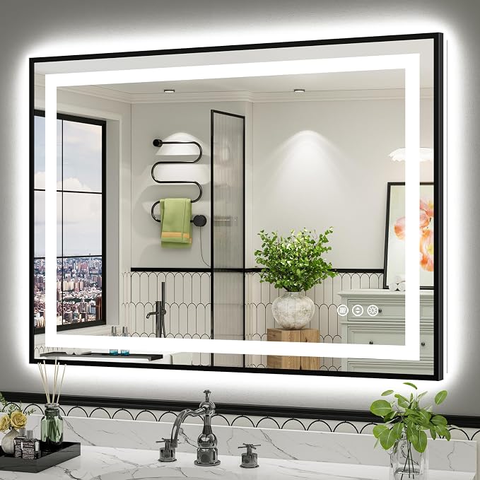 48x36 Inch LED Bathroom Mirror with Black Frame, Backlit & Front Lit | Anti-fog, 3 Color Dimmable, Memory Function, HD Reflection Tempered Glass, ETL Listed, IP54 Waterproof