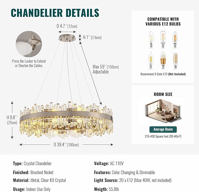 Siljoy Modern Crystal Chandelier, 20-Light Luxury Large Nickel 2-Tiers Raindrop Chandelier, Adjustable Flush Mount Pendant Ceiling Light for Living Dining Room Foyer Entryway D39.4''