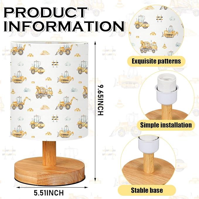 Car Kids Table Lamp for Bedroom Kids Bedside Lamp with Linen Wooden Nightstand Cartoon Nursery Lampshade for Girls Boys Living Room