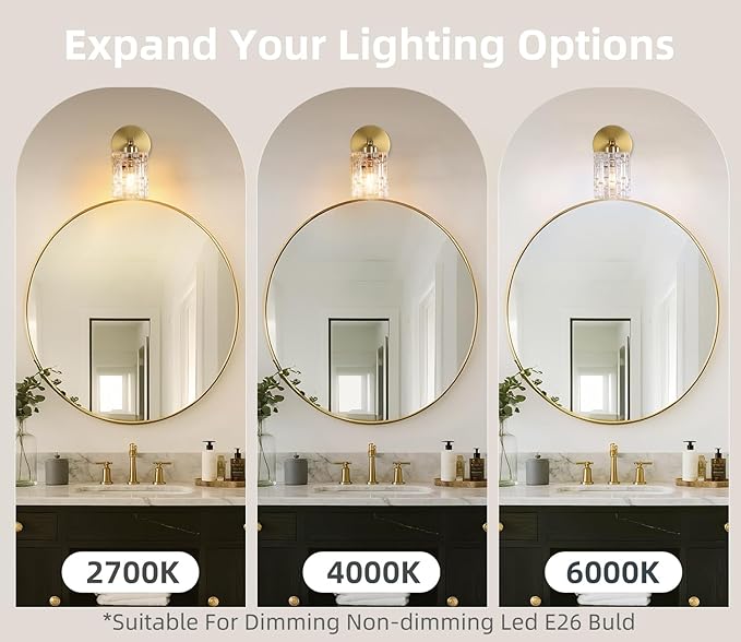 1-Light Modern Brushed Gold Crystal Wall Sconce, Hardwired Indoor Bathroom Vanity Light Fixture, Crystal Over Mirror Wall Lamp for Living Room, Bedroom, Hallway