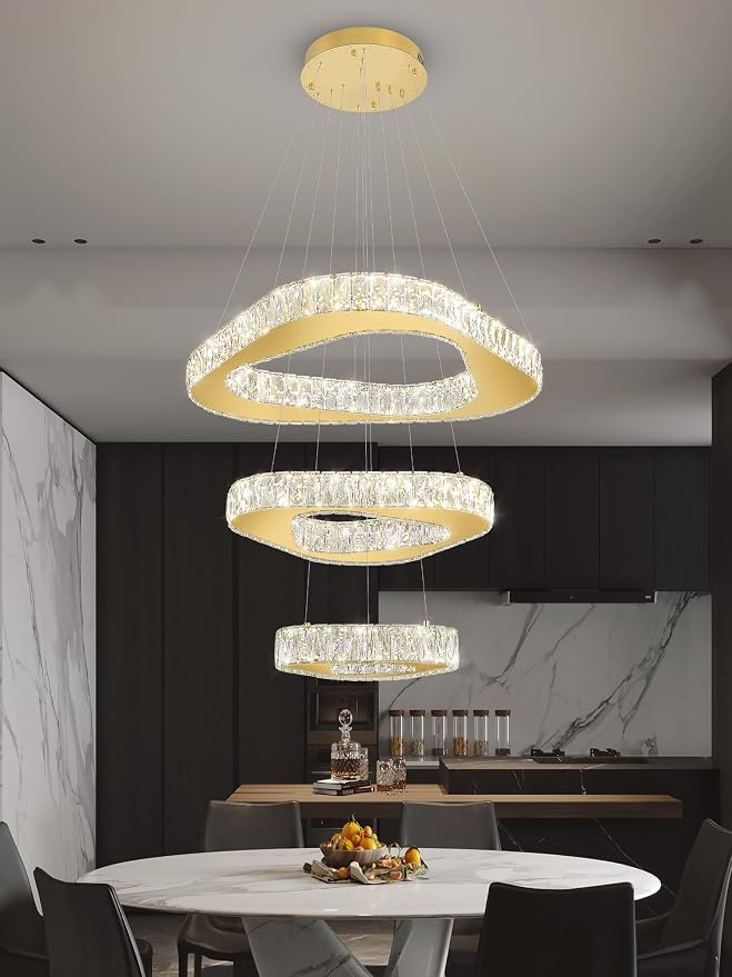 Modern Led Gold Chandelier Adjustable 3 Rings Crystal Chandelier for Living Room Foyer Stairwell Lighting High Ceiling Light Dimmable 2700K-6000K