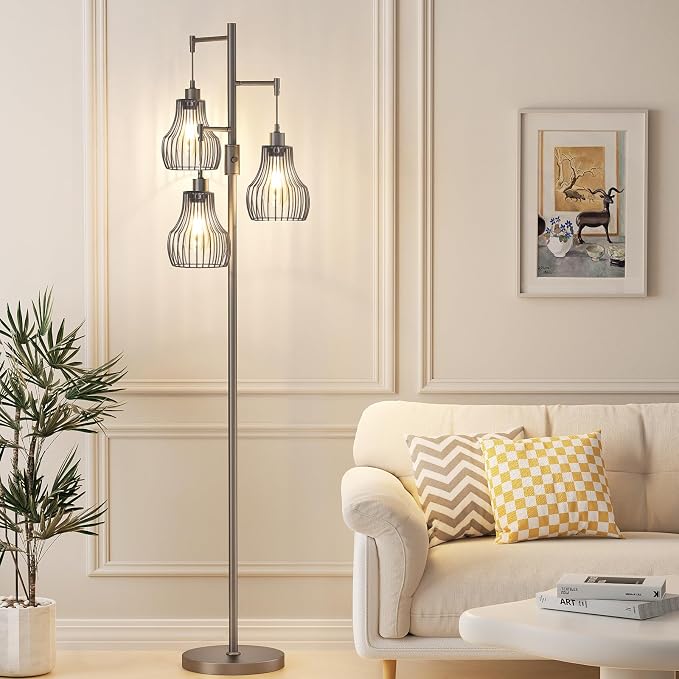 Ziisee Dimmable Floor Lamps for Living Room, Industrial Tree Standing Tall Lamps with 3 Elegant Cage Shade for Bedroom Office - Grey
