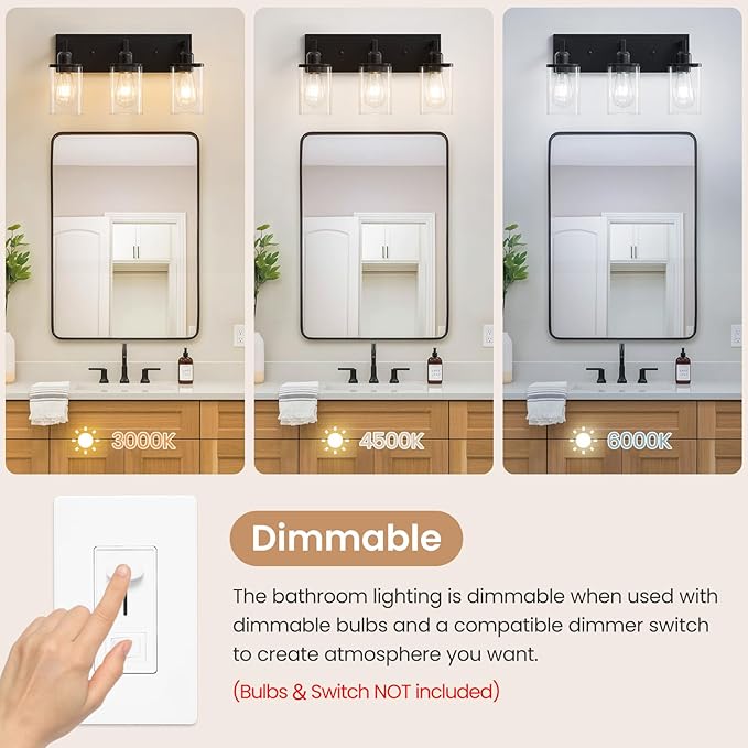 3-Light Bathroom Vanity Light Fixtures, Modern Matte Black Bathroom Lighting Fixtures Over Mirror with Square Clear Glass Shades, Bath Wall Sconce Lights for Dressing Table, Bedroom, Hallway