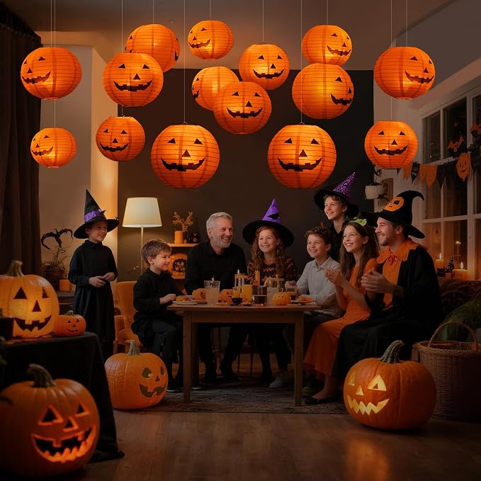 12pcs 10in Floating Jack-O-Lanterns | with Wand Remote and 24pcs LED Tea Lights for Decor