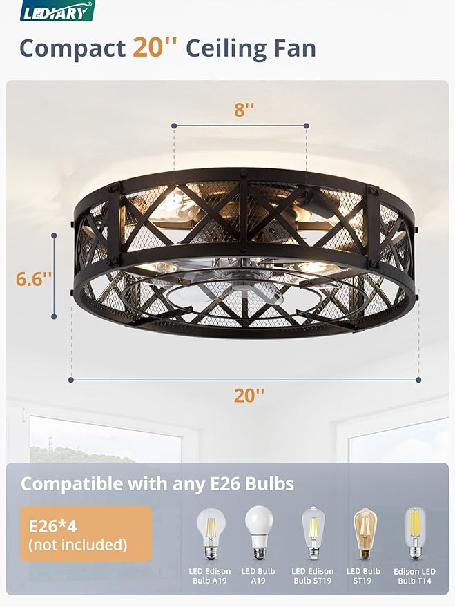 LEDIARY 20" Caged Farmhouse Ceiling Fan with Light, Flush Mount, Black | Remote&APP Control, Small Low Profile, Rustic Fandaliers, Industrial Bladeless Enclosed, Powerful Motor for Bedroom, Kitchen