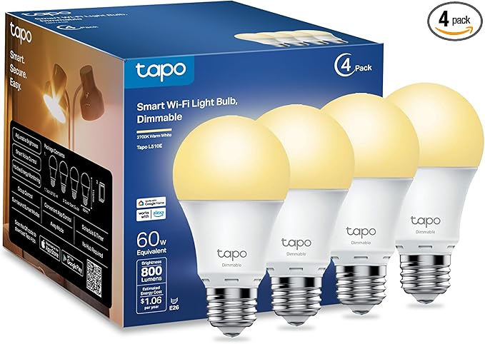 TP-Link Tapo Smart Light Bulbs, 800 Lumens (60W Equivalent), 2700K Soft Warm White LED Bulb, Dimmable, Compatible with Alexa and Google Home, No Hub Required, A19 E26, Tapo L510E (4-Pack)