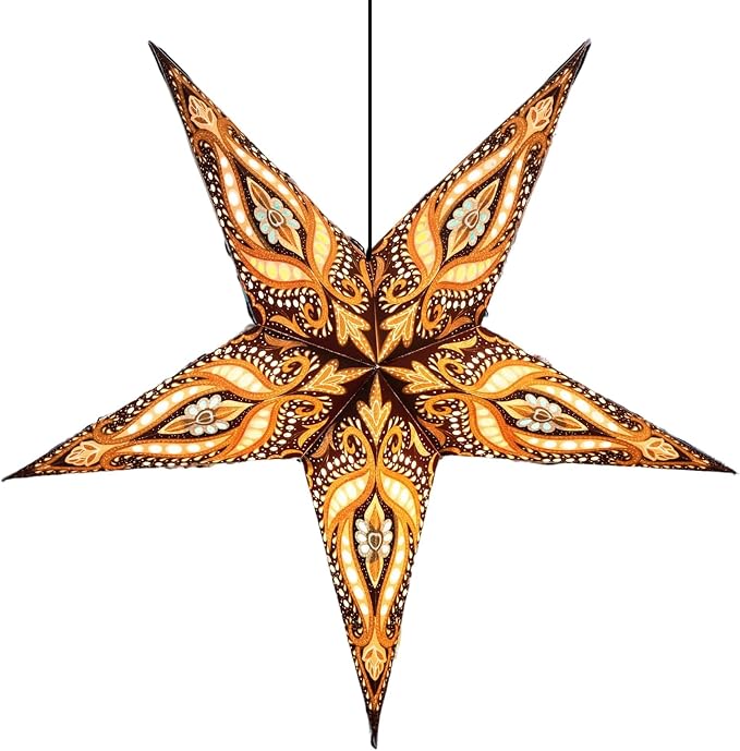 Paper Star Lantern 24 Inch - Recycled Boho Lamp Tiger's Eye | Artisan-Made in India with 12-Foot UL Approved Cord, Warm Ceiling Accent for Living Rooms, Bedrooms, Studios, and Events