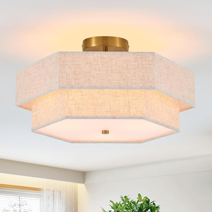 18" Large Gold Semi Flush Mount Ceiling Light, 3-Light Fixture | Beige Linen Double Hexagonal Shade, Modern Gold Finish For Bedroom, Dining, Living, Hallway, Entryway; Close-To-Ceiling, E26