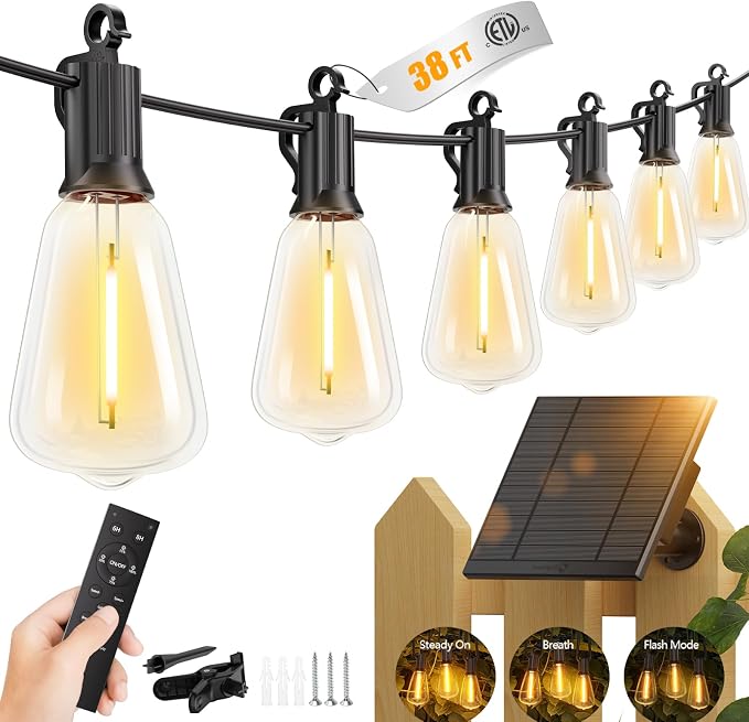 Brightown 38FT Solar String Lights Outdoor, 15+1 Shatterproof LED Lights | Waterproof, Remote Control, Dimmable, Timer, 3 Light Modes, Commercial Grade Patio Lights for Garden, Backyard, Party Decor
