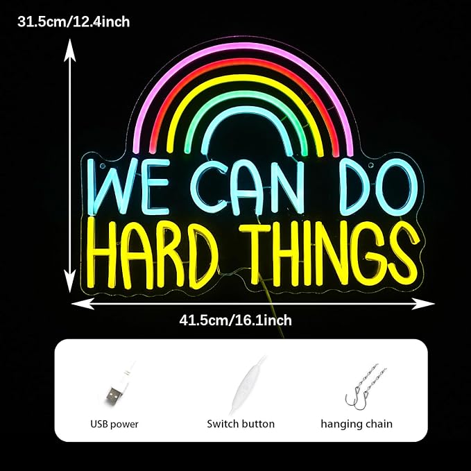 We Can Do Hard Things Neon Sign USB Powered Rainbow Neon Light for Wall Decor Colorful Dimmable LED Light Up Sign for Bedroom Classroom Party Practical Activity Title(16.3 * 12.4In)