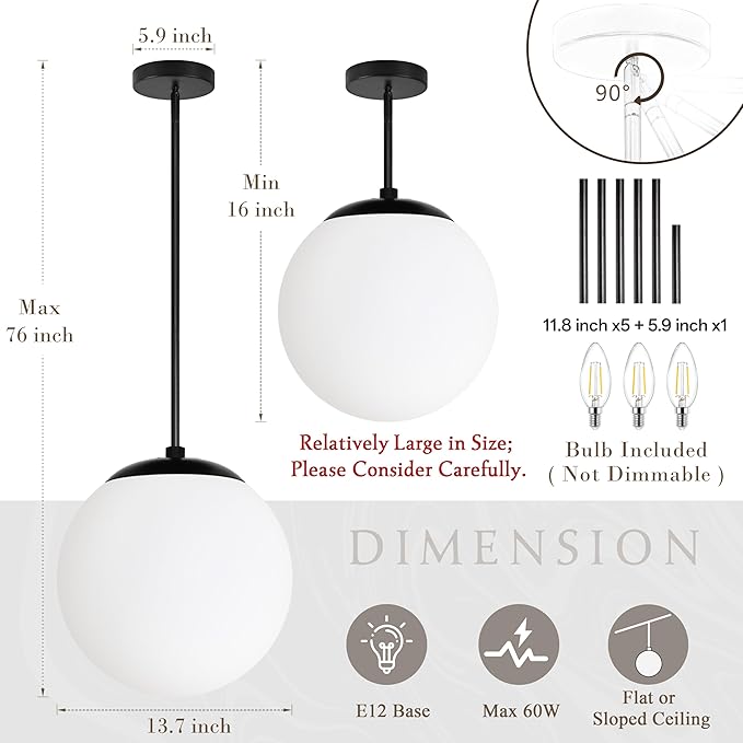 14" Globe Pendant Light 3-Light Black Milk Glass Pendant Light Mid Century Modern Light Fixture Globe Pendant Lights Kitchen Island Matte Black Finished with Milk Glass Lampshade for Bedroom
