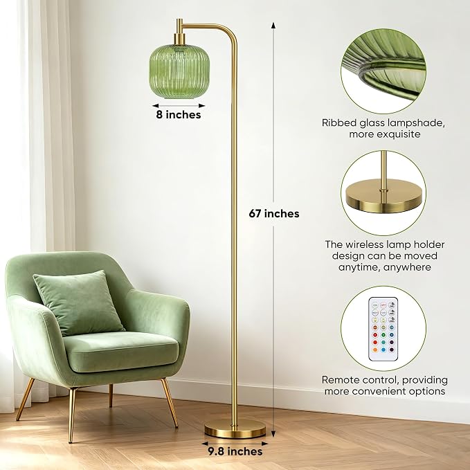 Cordless Floor Lamp for Living Room, 5400mAh Battery Operated Standing Lamp | Rechargeable Bulb Included, Stepless Dimmable, RGB Mode, Brushed Gold, Remote Control, Large Ribbed Glass Lampshade,Timer