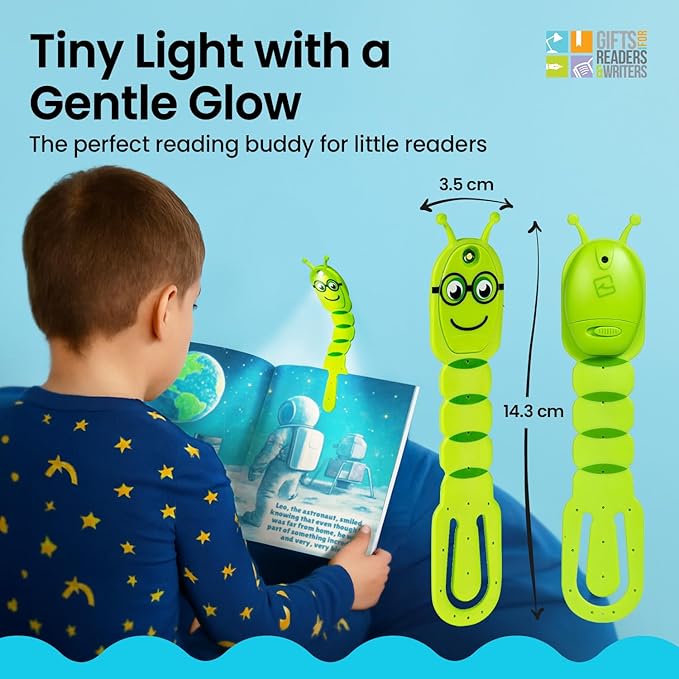 Gifts for Readers & Writers Book Light for Kids, Clip On Reading Light for Bed, 2in1 Flexilight Pals & Bookmark, Small & Lightweight with a Soft Glow, 2 Batteries Included, Bookworm Green