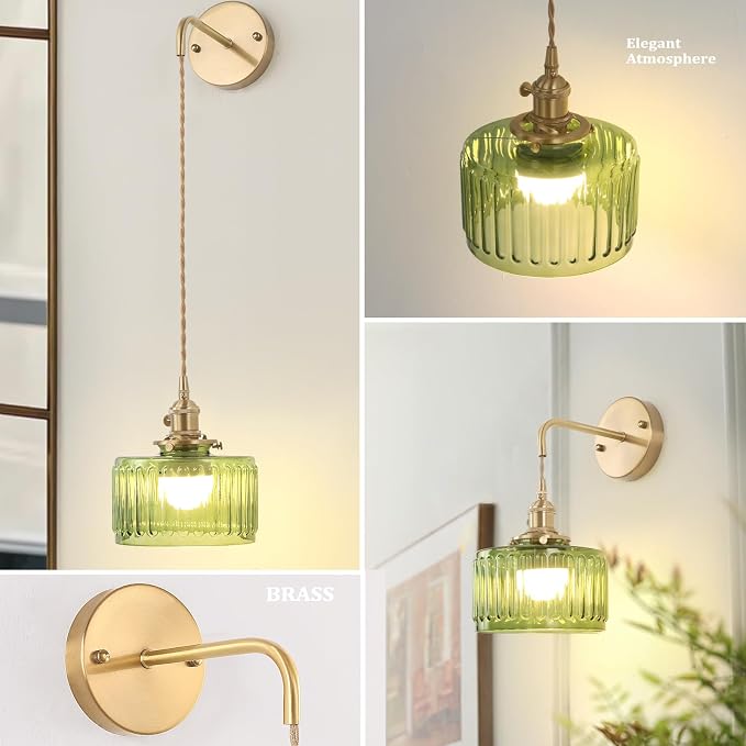 Shenmoyl Battery Operated Wall Sconce with Green Striped Shade Pattern Glass Adjustable Chain Retro Gold Wall Mounted Light, Modern Wall Lamp Fixtures Decor for Bedside Bedroom Indoor Doorway