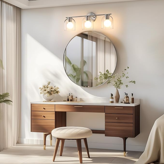 WOSHITU Bathroom Vanity Light Fixtures: 23.3 Inch Modern Brushed Nickel Bathroom Vanity Lights Over Mirror with Clear Glass Shade, 3-Light Farmhouse Vanity Lights Fixture