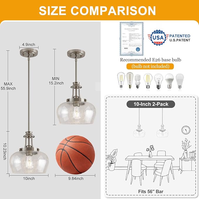 Modern Pendant Lights Kitchen Island, Brushed Nickel Pendant Light Fixtures with 10" Clear Air Bubble Glass Shade, Industrial Hanging Pendant Lights Fixture for Kitchen Island Dining Room Entryway