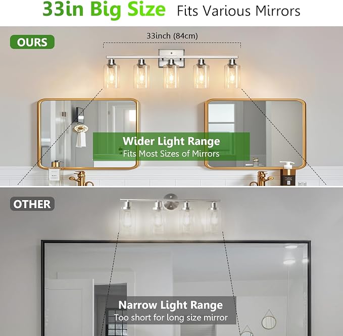 Ascher 5-Light Bathroom Light Fixtures, Modern Brushed Nickel Vanity Lights Over Mirror, Wall Lights with Clear Glass Shades for Hallway, Cabinet, Porch, Bedroom