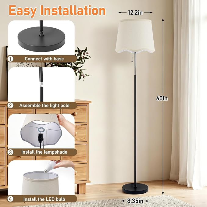 Floor Lamps for Living Room & Bedroom, 60" Modern Tall Standing Lamp, 3CCT | Lamps for Office, Classroom, Bedside, Linen Lampshade, Pull Chain Switch, Modern Design, Anti-glare Lighting, Easy Assembly