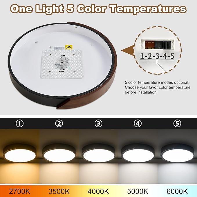 Modern LED Ceiling Light, Dark Walnut Wood Minimalist Flush Mount Ceiling Light Fixture, Dimmable Circle Lighting Lamp with Acrylic Lampshade for Bedroom Hallway Kitchen 15.8"