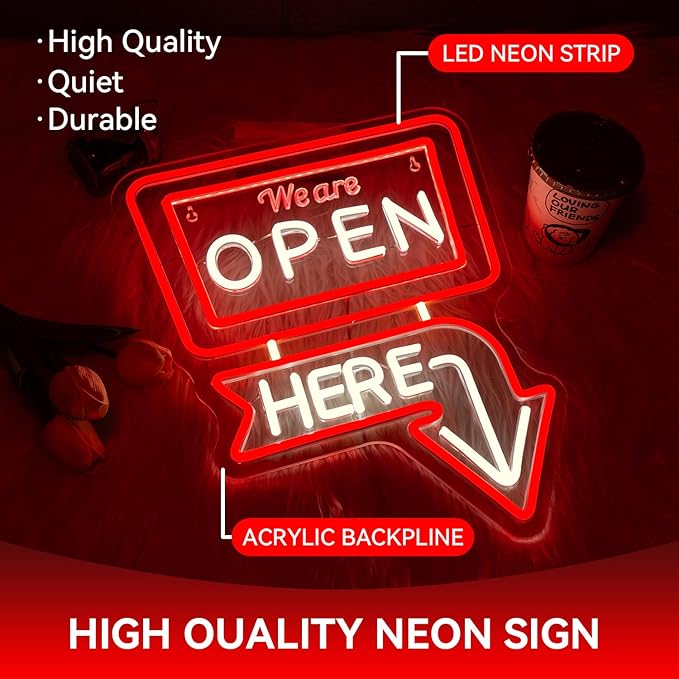 ineonlife We Are Open Here Neon Sign Red Neon Signs for Wall Decor Led Lights for Bar Man Cave Club Store Hotel Restaurant Coffee Shop Business Decor Gifts