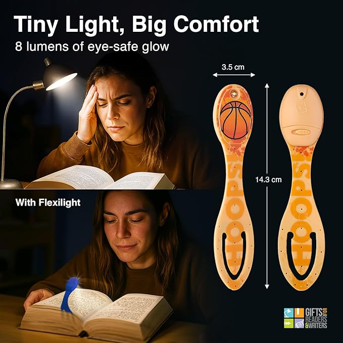 Gifts for Readers & Writers Book Light, Clip On Reading Light for Bed, 2in1 Flexilight & Bookmark, Small & Lightweight with a Soft Glow, 2 Batteries Included, Basketball