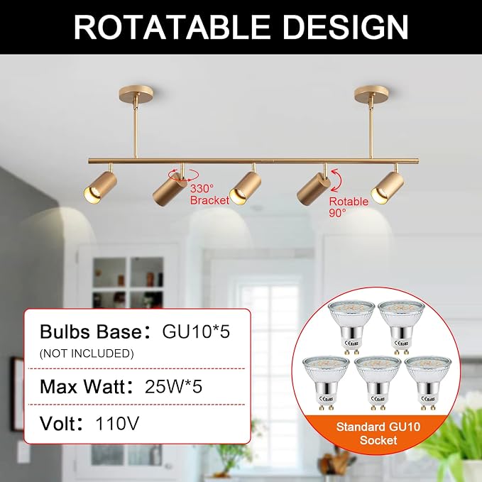 5-Light LED Track Lighting Kit Gold Track Light Flexibly Rotatable Light Head Modern Spot Lighting for Kitchen Living Room Dining Room Bedroom Closet Bar