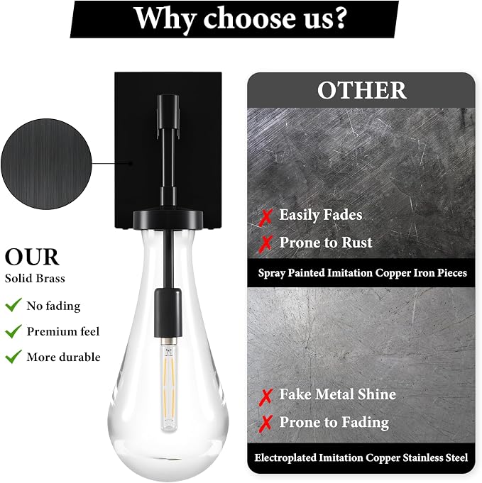 Raindrop Brass Crystal Wall Sconce: Modern Black Clear Solid Bathroom Light | Luxury Indoor Light Fixtures with Bulbs, Dimmable Vanity Sconces for Bedroom Living Room Hallway Bedside Lighting
