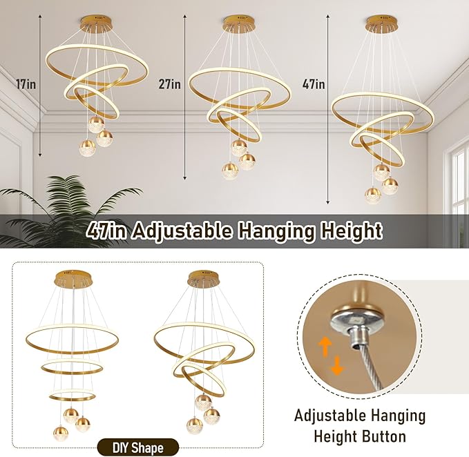 Modern Led Chandeliers 3-Color Dimmable Gold LED Chandelier Pendant Light with Remote Adjustable Hanging Pendant Light Fixture for Dining Room Living Room Bedroom Entryway